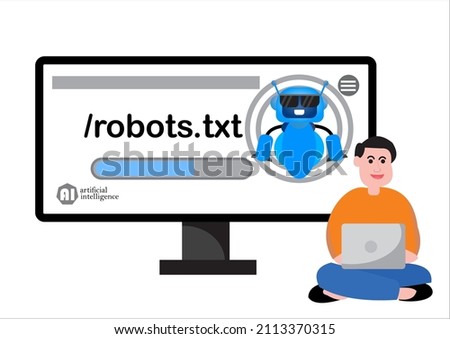 vector illustration of a robot on a computer with the inscription robot.txt representing a computer automated system