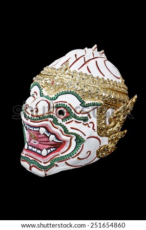 Thai traditional actor\'s mask, Male masked dance drama of Thailand, Hua Khon isolated on black background