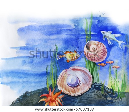 Pearl, fishes, seaweed and cockleshell on a sea-bottom. Drawing a water color