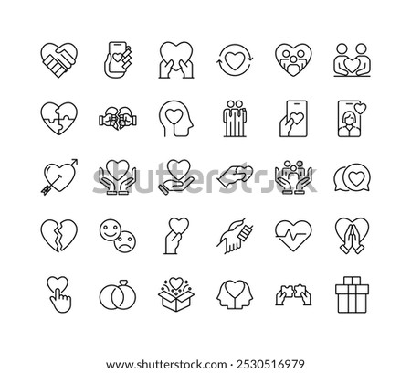 Hearth, Love, friendship, care, datting and charity concept editable stroke outline icons set. vector illustration.