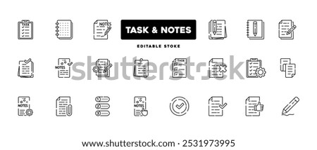 Note line icons. Checklist, document, notepad,paper, report, list,clipboard. vector icons