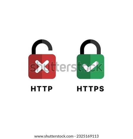 HTTP vs HTTPS illustration icon on white background. Secure and unsecure website connection concept. 