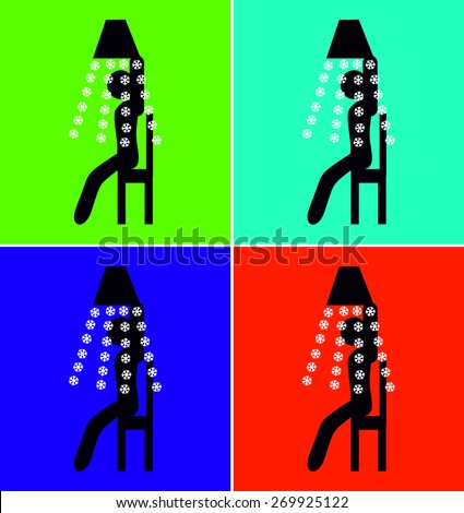 Ice Bucket Challenge, illustration of the having a shower, bath person to pour cold water, white snowflakes, the black little man, to sit on a chair, to participate in a flash mob,
