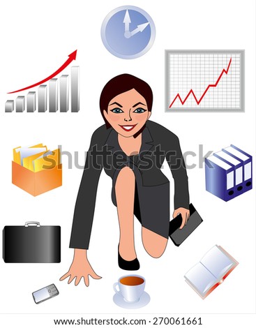 The worker of office, the business lady, the secretary, the girl in a business suit,  the cell phone, a gray business suit, the joyful worker, an illustration of office worker, the woman the manager,