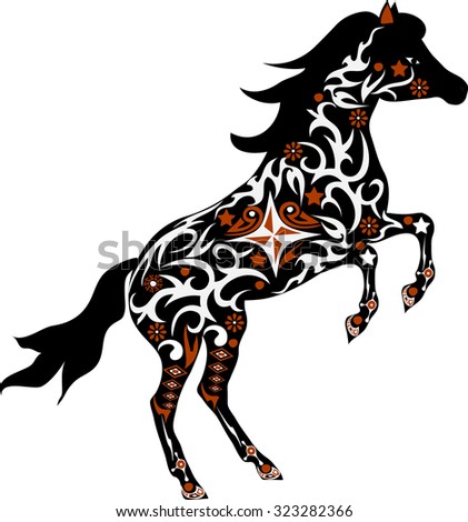 The horse with drawing, a horse illustration, an animal with a pattern, an animal with flowers, a mare reared, the isolated horse,