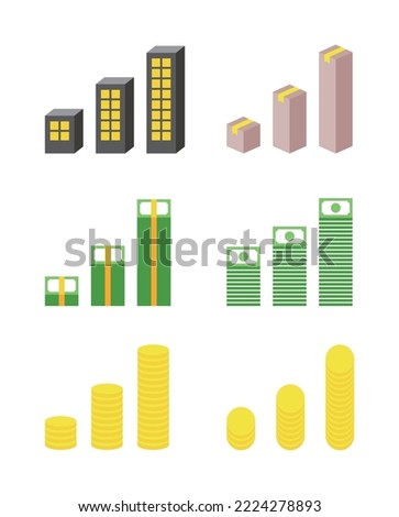 Set of 3D bar graph templates as editorial design source for corporate business presentations, reports, flyers, brochures. Money, coin, dollar, box concept design.