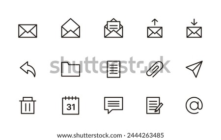 Set of business icons including email, mail, text, message, messenger, letter, transfer, folder, file, document, writing, sharing, trash can, calendar, schedule, planner, etc. in minimal line style.