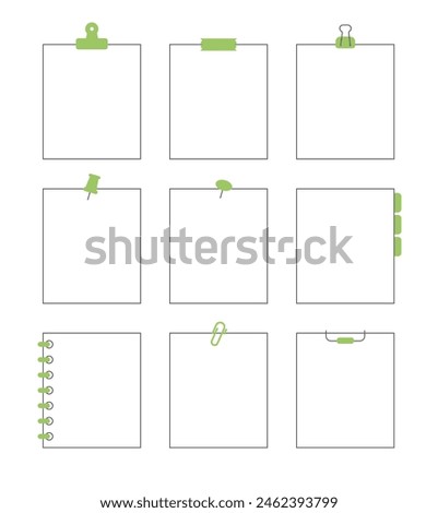 A set of line frame illustrations in a minimalist style. Notebook, notepad, book, binder, thumbtack, clip.