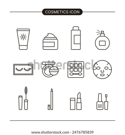 Set of minimal line icons for makeup and cosmetics concept. Lotion, lipstick, nail polish, cream, sunscreen, essence, perfume, eyelashes, cushion, eye shadow, mascara, powder, pack, eyebrow pencil.