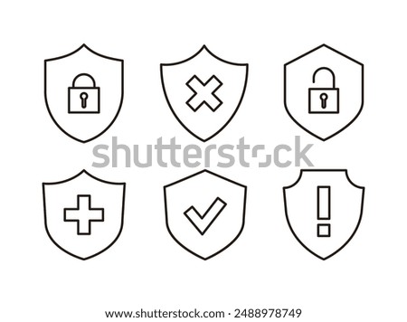 A set of business icon illustrations with the concept of security, defense, antivirus and protection for web, apps, mobile phones, and computers. Icons in the shape of a shield, key and lock.