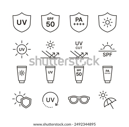 A set of line icon illustrations with minimal and simple summer, ultraviolet rays, sun protection, and protection concepts. UV, SPF, UV ray, shield, sun, sunblock, sunscreen, sunglasses, parasol icon.