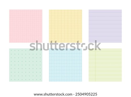 A set of stationery design template illustrations including square pastel-toned memos, notepads, notebooks, and stickers. Note formats include lined, dotted, blank, and grid patterns.