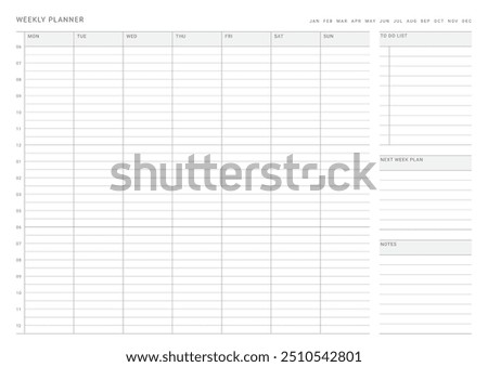 A weekly plan design template in a modern, simple, and minimalist style. Note, scheduler, diary, calendar, planner document template illustration.