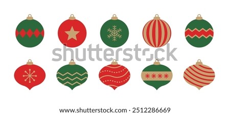 A set of illustrations of balls used to decorate a Christmas tree in the winter of December. The ornaments feature various patterns such as stripes, stars, and snowflakes.