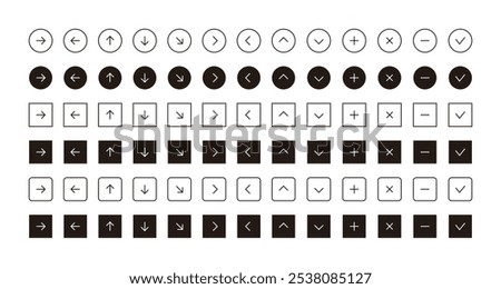 Set of web and app line icons with different direction arrows, plus, delete, minus, check, etc. in simple and minimal style.