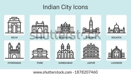 A beautiful, simple and uniform line icon set for the Top 10 Cities of India.