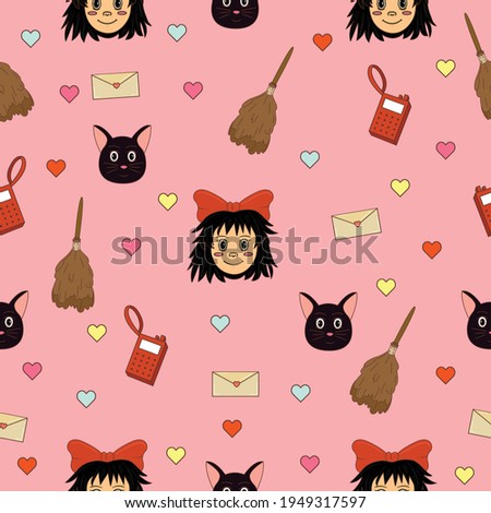 Kiki's Delivery Service pink background. Seamless pattern repeat, print, textile, decoration, anime, cartoon
