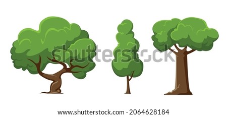 Forest Trees, Hedges And Bush Set Illustration of a set of cartoon spring or summer forest trees and other green forest elements, foliage, bush, hedges