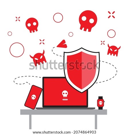 Computer infected. Virus detection. Virus attention. Scam alert, network piracy danger. Various Internet files infected with viruses, spam. Vector illustration.