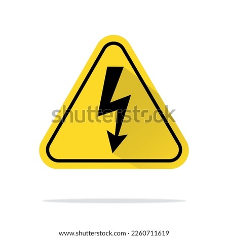 Warning sign. Dangerous electrical voltage icon. High voltage sign. Danger symbol. Black arrow isolated in yellow triangle on white background. Vector 10 eps.