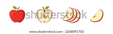 Green apple cartoon set. Cross section of cut apple, slices and whole fruit, isolated vector illustration 10 eps.