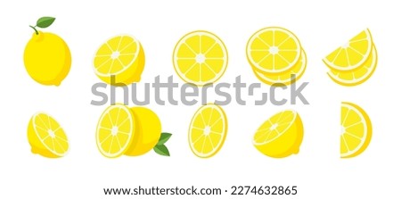 Lemon slices. Fresh citrus, half sliced lemons and chopped lemon. Cut lemons fruit slice and zest for lemonade juice or vitamin c logo. Isolated cartoon vector illustration icons 10 eps.