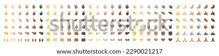 All hand emojis, stickers in all skin colors. Hand emoticons vector illustration symbols set, collection. Hands, handshakes, muscle, finger, fist, direction, like, unlike, fingers. Vector.