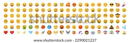 Funny cartoon yellow emoji and emotions icon collection. Mood and facial emotion icons. Crying, smile, laughing, joyful, sad, angry and happy faces, emoticons vector set 10 eps.