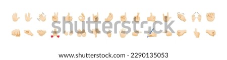 All hand emojis, stickers in all skin colors. Hand emoticons vector illustration symbols set, collection. Hands, handshakes, muscle, finger, fist, direction, like, unlike, fingers. Vector 10 eps.