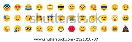 emoticon with various emotions cute faces, pixel art style icons set. colorful vector graphicillustrations isolated on white background. Vector 10 eps.