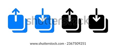 Upload icon. Arrow up, down signs. Download file symbol. Send symbols. Storage document icons. Black, blue color. Vector 10 eps.
