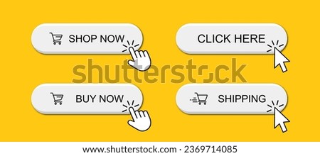 3d click here web buttons. Set of action button, hand cursor and arrow pointing click link buttons. Add to cart, shop now buttons. Online shopping icons for UI UX website, mobile app. Vector 10 eps.