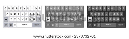 Smartphone keyboard in light and dark mode, keypad alphabet buttons in modern flat style, mobile phone tab concept for white and black color text app, vector illustration 10 eps.