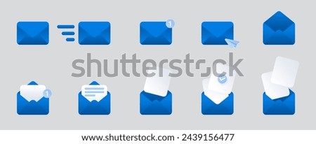 Blue mail envelope icon set with marker new message isolated on grey background. Render email notification with letters, check mark, paper plane and magnifying glass icons. Realistic vector 10 eps.