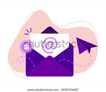 Vector banner illustration of email marketing  message concept. Letter, sheet in an envelope, checkmark. Sending application. Receive News. Filled document. Alert and bell. Vector 10eps.