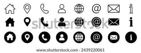 Business icon for company connection set in different style. Name, phone, mobile, place, location, mail, website and message card sign. Contact symbol design template. Vector 10 eps.