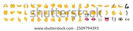 All type of hand emojis, gestures, stickers, emoticons flat illustration symbols set, collection. Hands, handshakes, muscle, finger, fist, direction, like, unlike, fingers collection, vector icons.