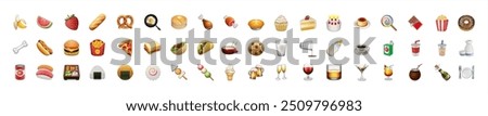 Food and fruit vector emoji illustration. Food and beverages, fruits symbols, emojis, emoticons, stickers, icons Vegetables, cakes, vector illustration flat icons set, collection. Vector 10eps.