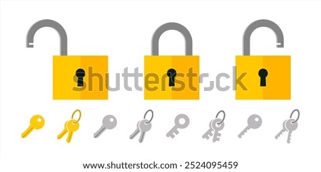 Set of Lock flat icon. Padlock unlocked and locked. Lock closed and lock open. Symbol protection and secure. Vector 10 eps.