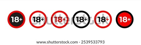 Under 18 forbidden round icon sign vector illustration set. Eighteen or older persons adult content 18 plus only rating isolated on white background. Vector 10 eps.