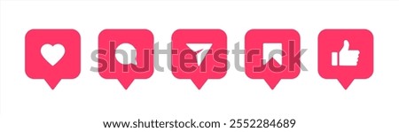 Set social media notification functional icons like, user, friend, heart, thumb up, repost, views, comment, share, save, send message, stories user button sign in speech bubble, vector 10 eps.