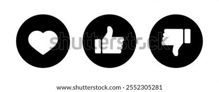 Love, like, and dislike icon on black circle. Heart, hand thumb up and down concept, vector 10 eps.