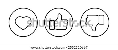 Love, like, and dislike icon on circle line. Heart, hand thumb up and down sign symbol, vector 10 eps.