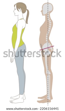 Sideways woman and skeleton standing in a bent waist posture
