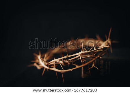  The crown of thorns of Jesus upon holy bible on black  background with copy space, can be used for Christian background, Easter concept Stock foto © 