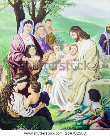 image of gospel story of Jesus with the children, original oil painting on canvas