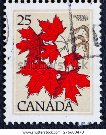 CANADA - CIRCA 1977: A vintage stamp printed in Canada shows Sugar maple leaves,  from the series \