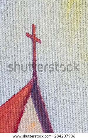 image of the red cross on the red roof, original oil painting on canvas,  brush strokes texture background