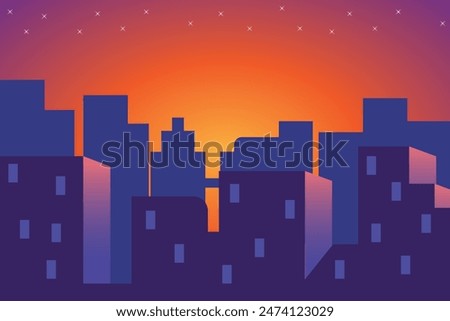 Vector illustration of a city with a sunset theme, a city silhouette in the evening with a sprinkling of beautiful stars above the clouds