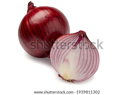 The most beautiful red sliced onion isolated on white background. And one onion have cut and other have bulb.